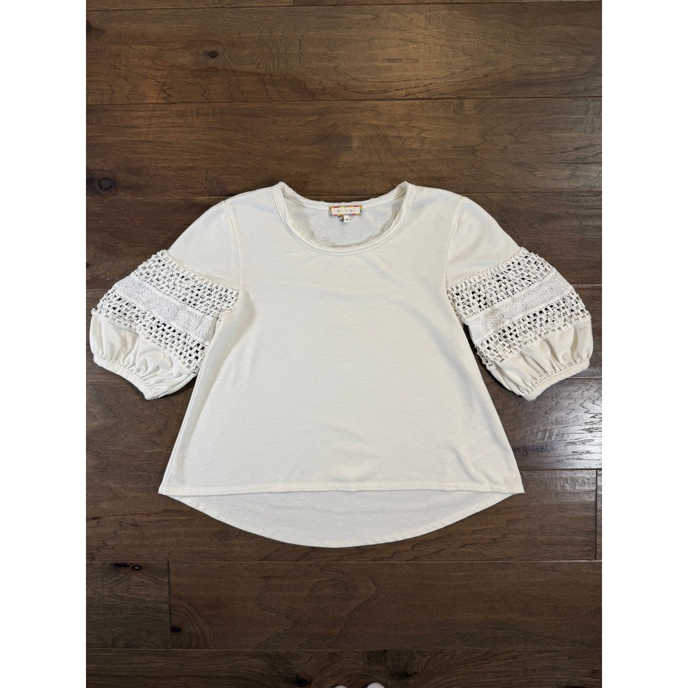 Eri + Ali Anthropologie White Crochet Lace Puff Sleeve Top XS BE14757 Cream Boho